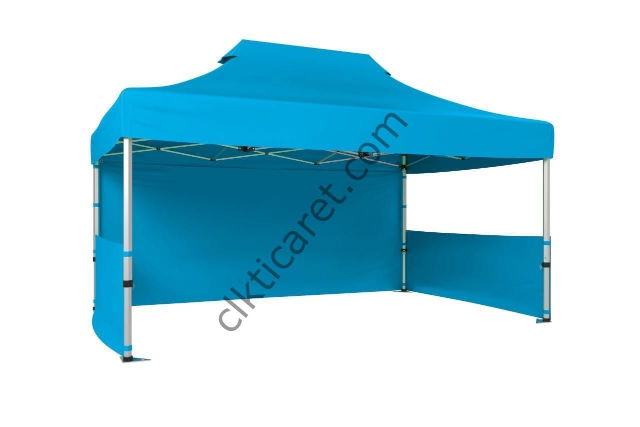 CLK 3x4,5 52mm Kalın Alüminyum Katlanabilir Tente Gazebo Çadır 3 Kenar Kapalı 2 Yarım Duvar Açık Mavi (Turkuaz)