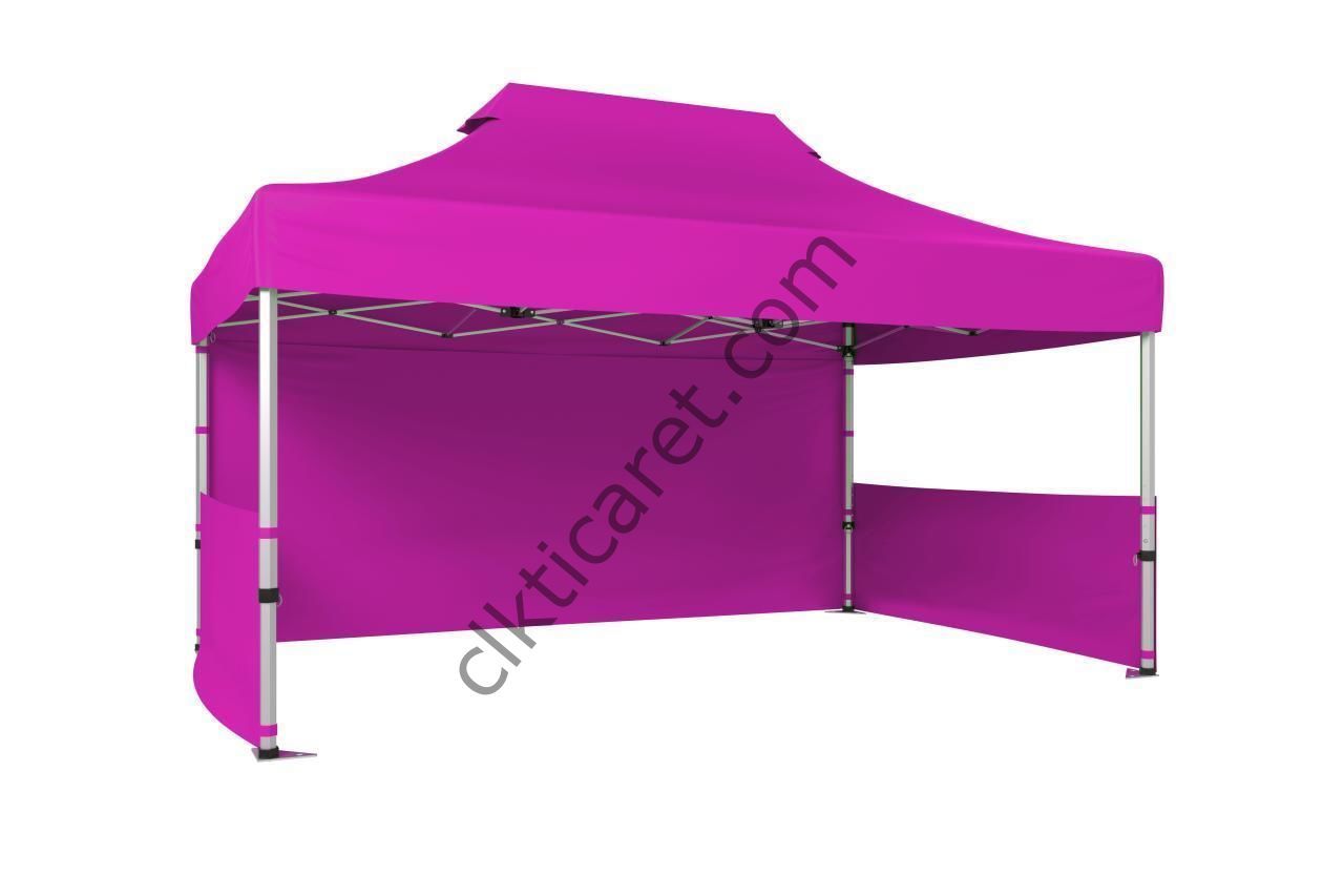CLK 3x4,5 52mm Kalın Alüminyum Katlanabilir Tente Gazebo Çadır 3 Kenar Kapalı 2 Yarım Duvar Pembe