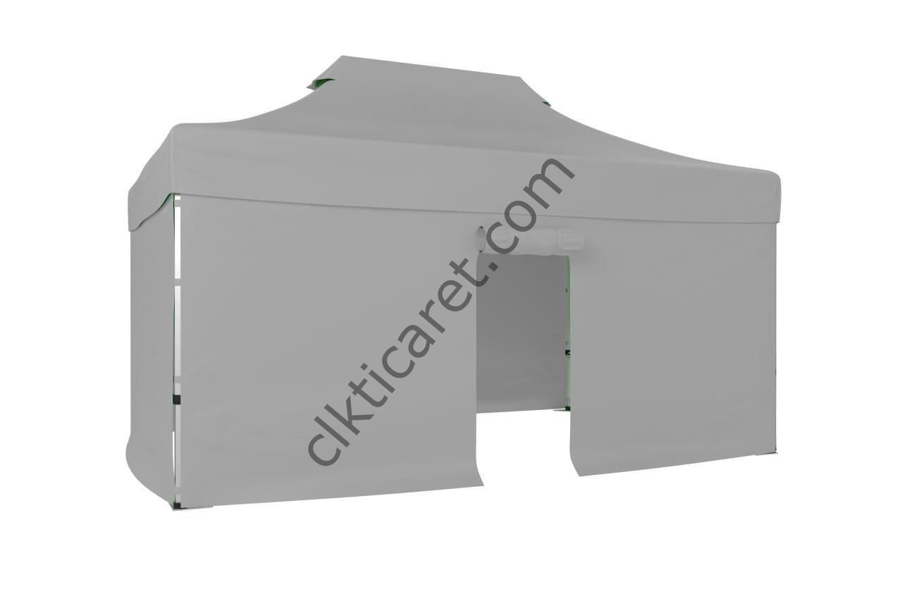CLK 3x4,5 52mm Kalın Alüminyum Katlanabilir Tente Gazebo Çadır 4 Kenar Kapalı 1 Kenar Kapılı Açık Gri