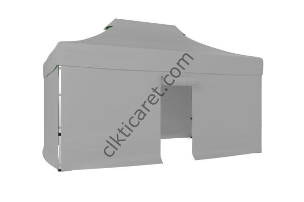 CLK 3x4,5 52mm Kalın Alüminyum Katlanabilir Tente Gazebo Çadır 4 Kenar Kapalı 1 Kenar Kapılı Açık Gri