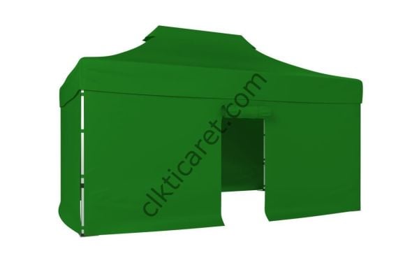 CLK 3x4,5 52mm Kalın Alüminyum Katlanabilir Tente Gazebo Çadır 4 Kenar Kapalı 1 Kenar Kapılı Benetton Yeşil