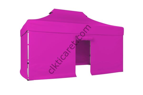 CLK 3x4,5 52mm Kalın Alüminyum Katlanabilir Tente Gazebo Çadır 4 Kenar Kapalı 1 Kenar Kapılı Pembe