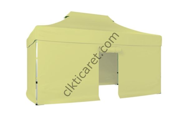 CLK 3x4,5 40mm Alüminyum Katlanabilir Tente Gazebo Çadır 4 Kenar Kapalı 1 Kenar Kapılı Krem