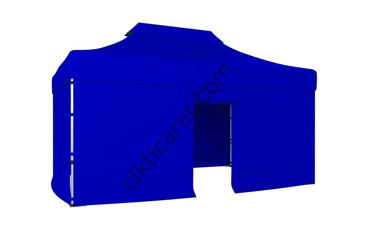 CLK 3x4,5 52mm Kalın Alüminyum Katlanabilir Tente Gazebo Çadır 4 Kenar Kapalı 1 Kenar Kapılı Saks Mavi