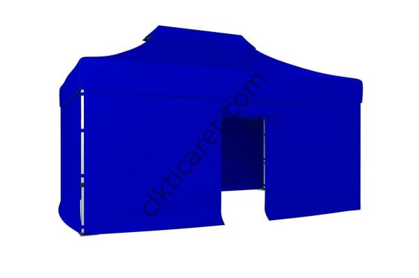 CLK 3x4,5 52mm Kalın Alüminyum Katlanabilir Tente Gazebo Çadır 4 Kenar Kapalı 1 Kenar Kapılı Saks Mavi