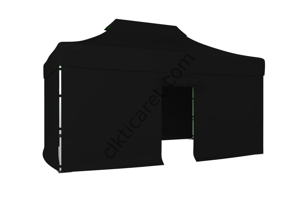 CLK 3x4,5 52mm Kalın Alüminyum Katlanabilir Tente Gazebo Çadır 4 Kenar Kapalı 1 Kenar Kapılı Siyah