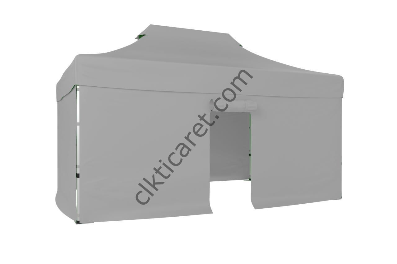 CLK 3x4,5 40mm Alüminyum Katlanabilir Tente Gazebo Çadır 4 Kenar Kapalı 1 Kenar Kapılı Açık Gri
