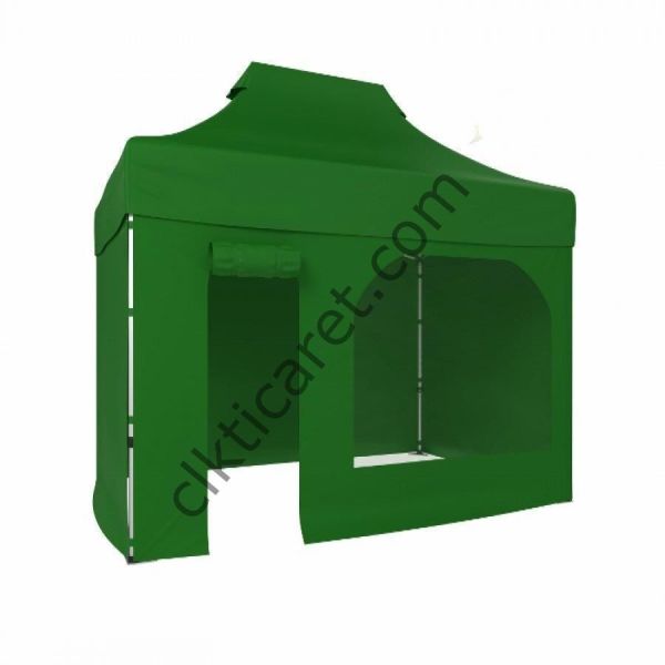 CLK 2x3 40mm Alüminyum Katlanabilir Tente Gazebo Çadır 3 Kenar Kapalı 1 Kenar Kapı Pencereli Benetton Yeşil