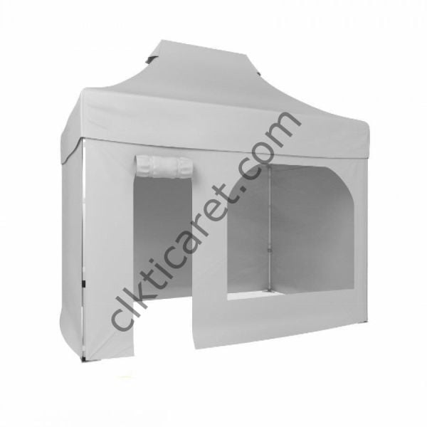 CLK 2x3 40mm Alüminyum Katlanabilir Tente Gazebo Çadır 3 Kenar Kapalı 1 Kenar Kapı Pencereli Beyaz