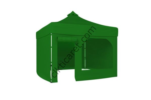 CLK 4x4 52mm Kalın Alüminyum Katlanabilir Tente Gazebo Çadır 3 Kenar Kapalı 1 Yan Kapı ve Pencereli Benetton Yeşil