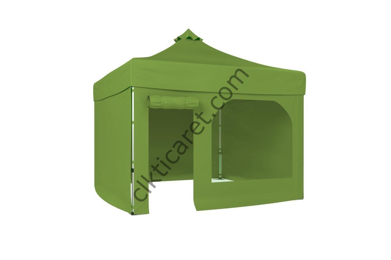 CLK 4x4 52mm Kalın Alüminyum Katlanabilir Tente Gazebo Çadır 3 Kenar Kapalı 1 Yan Kapı ve Pencereli Haki Askeri Yeşil
