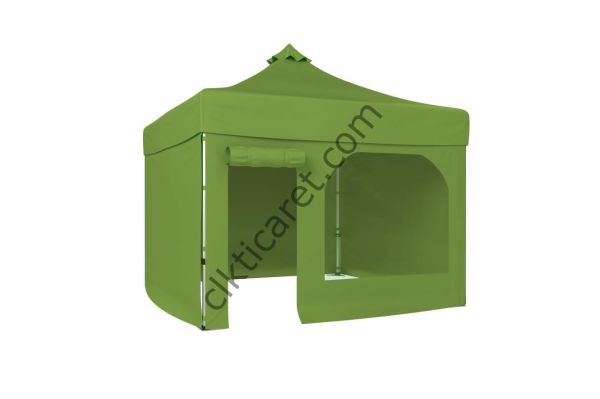CLK 4x4 52mm Kalın Alüminyum Katlanabilir Tente Gazebo Çadır 3 Kenar Kapalı 1 Yan Kapı ve Pencereli Haki Askeri Yeşil