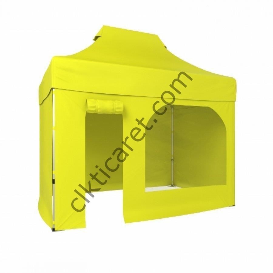 CLK 2x3 40mm Alüminyum Katlanabilir Tente Gazebo Çadır 3 Kenar Kapalı 1 Kenar Kapı Pencereli Sarı