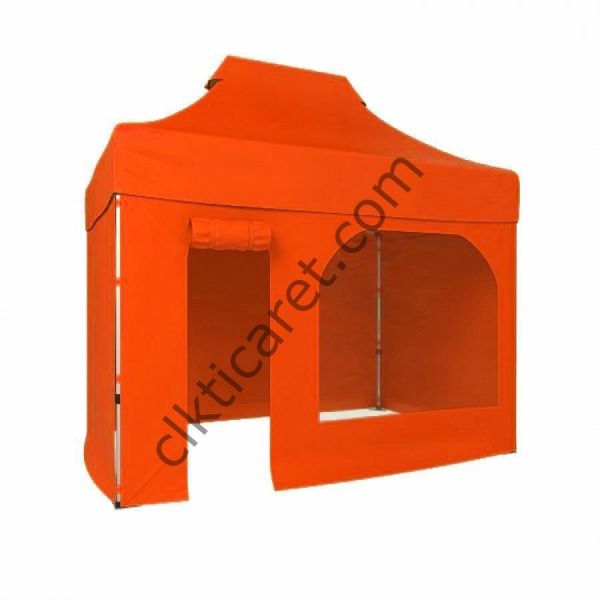 CLK 2x3 40mm Alüminyum Katlanabilir Tente Gazebo Çadır 3 Kenar Kapalı 1 Kenar Kapı Pencereli Turuncu