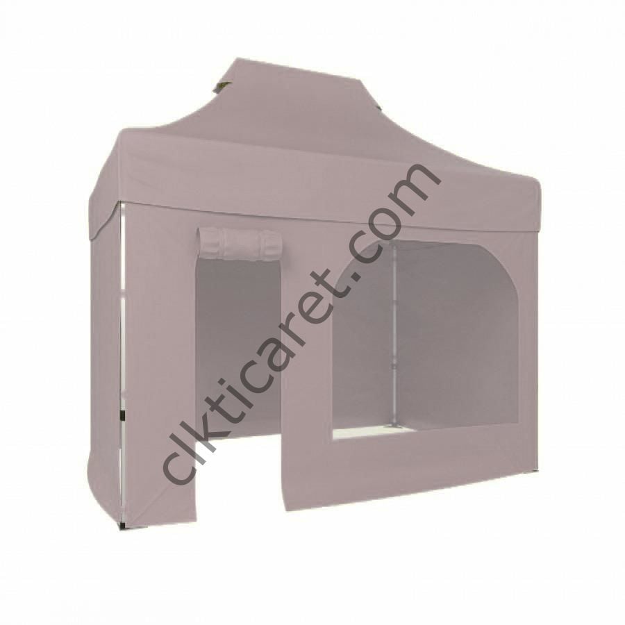 CLK 2x3 40mm Alüminyum Katlanabilir Tente Gazebo Çadır 3 Kenar Kapalı 1 Kenar Kapı Pencereli Açık Gri