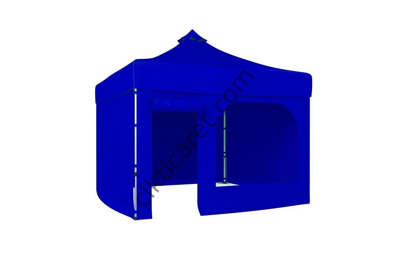 CLK 4x4 52mm Kalın Alüminyum Katlanabilir Tente Gazebo Çadır 3 Kenar Kapalı 1 Yan Kapı ve Pencereli Saks Mavi