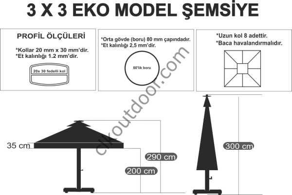 CLK 3x3 Metre Saçaklı Eko Model Krank Sistem Teleskopik Şemsiye Q80 Profil Akrilik (İthal) - Metal Hareketli Ayak 4 Mermerli (80x80cm 160 kg) - Açık Mavi (Turkuaz)