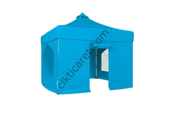 CLK 4x4 52mm Kalın Alüminyum Katlanabilir Tente Gazebo Çadır 2 Yan Pencereli 1 Yan Aksesuarsız 1 Yan Kapılı Açık Mavi (Turkuaz)