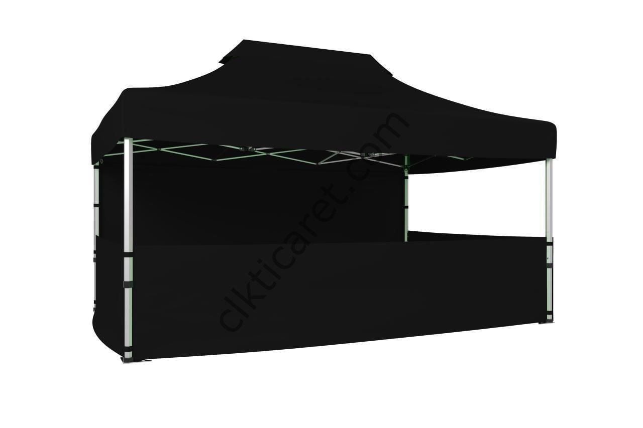 CLK 3x4,5 40mm Alüminyum Katlanabilir Tente Gazebo Çadır 4 Kenar Kapalı 3 Yarım Duvarlı Siyah