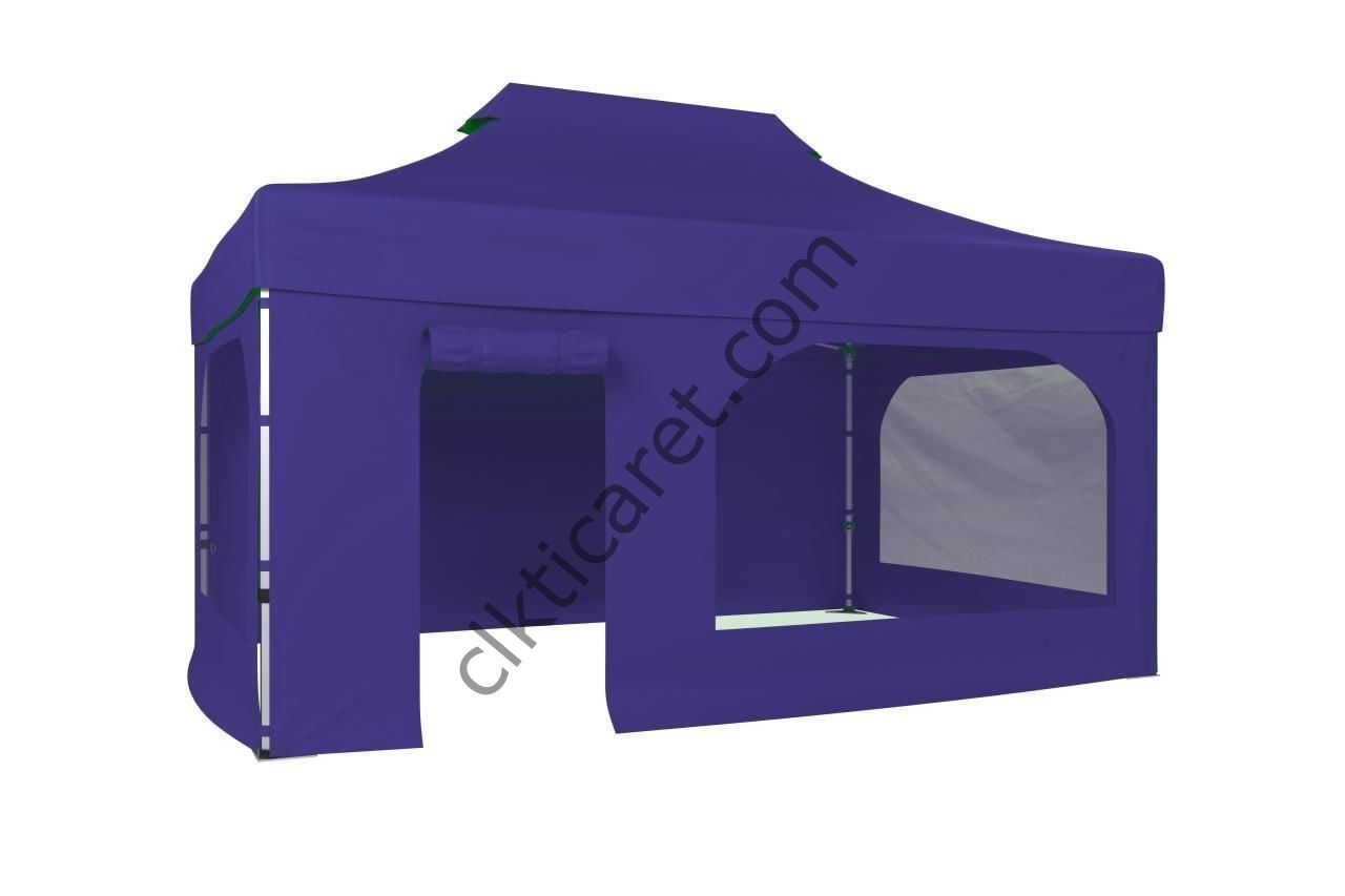 CLK 3x4,5 40mm Alüminyum Katlanabilir Tente Gazebo Çadır 4 Kenar Kapalı Takım Pencereli Kapılı Lacivert