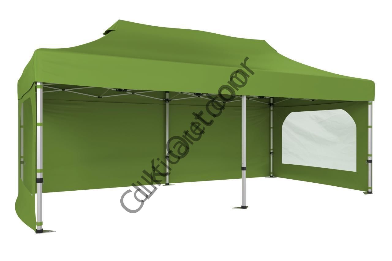 CLK 2,5x5 40 mm Katlanabilir Tente Gazebo Çadır Gazebo Çadır 3 Yan Duvarlı 2 Pencereli Haki Askeri Yeşil
